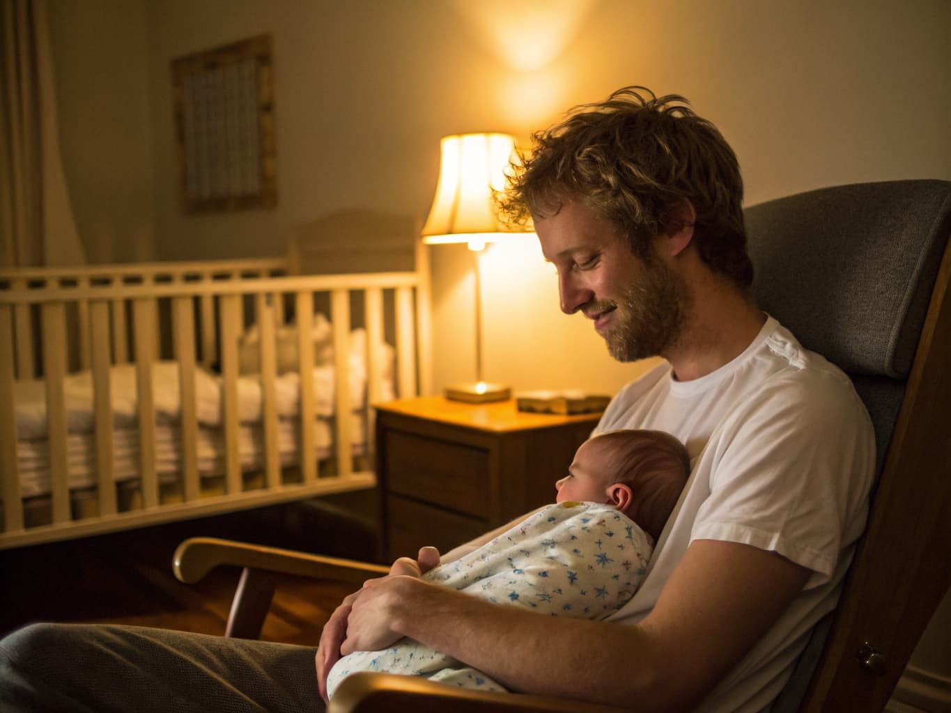 A father holding his newborn baby in a rocking chair at night