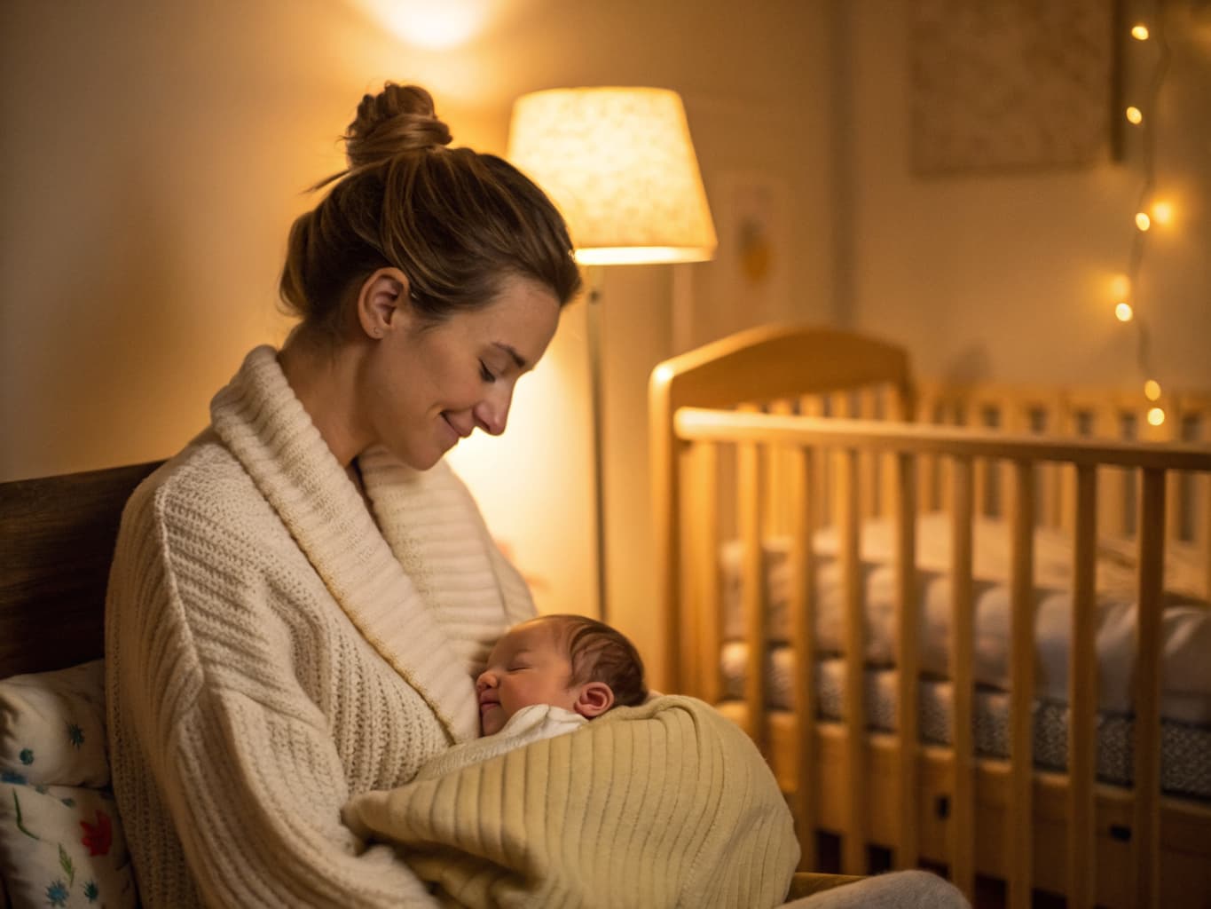 A mother peacefully holding her sleeping newborn